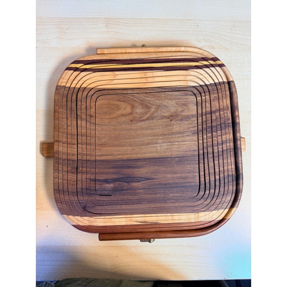 Handcrafted Wooden Collapsible Fruit Basket 10in Brown Excellent Spiral Inlay